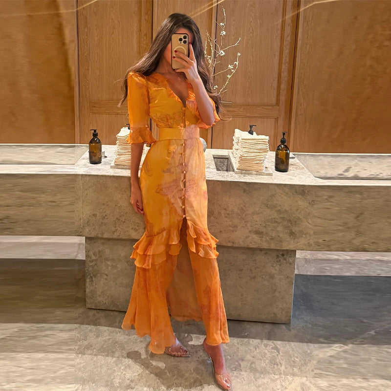 Sexy Print Women Long Dress Urban V-neck Single Breasted Ruffles Half Sleeve Female Dresses 2026 Spring Autumn Lady Robe