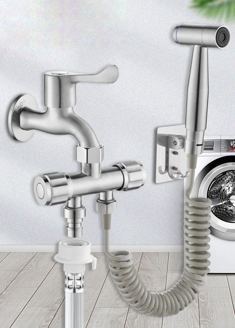 Stainless Steel Dual Head Water Outlet Dual Valve Faucet Washing Machine Faucet Splitter One In Two Out Dual Water Outlet Faucet