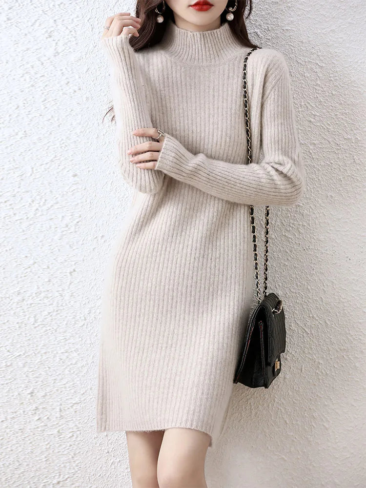 Fashion Cashmere Sweater Womens Knitted Dresses 100% Merino Wool Turtleneck Elegant Dress Autumn Winter Long Sleeve Short Skirts