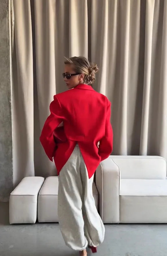 Women Red Fashion Blazer Jacket Lapel Collar Single Button Long Sleeve Loose Casual Coats Oversized Autumn Winter Streetwears