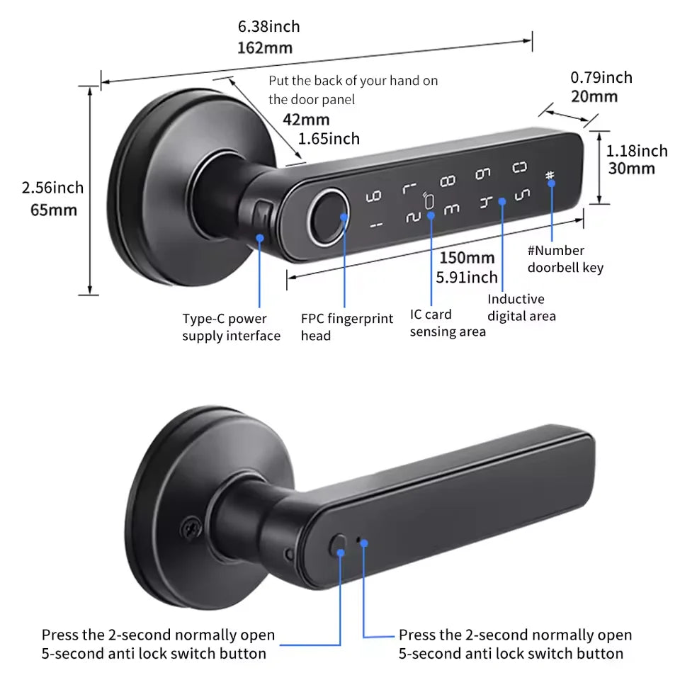 Work with Tuya App Bluetooth Smart Fingerprint Door Lock Password Mechanical Key NFC Unlocking For Wooden Door Handle Lock IP65
