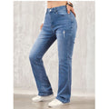 Women's denim pants suitable for all seasons light blue simple casual fashionable versatile elastic perforated flared pants