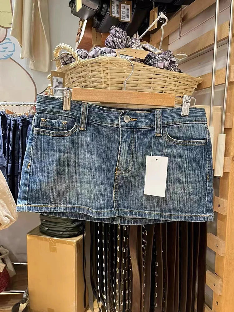 Vintage Denim Straight Mini Skirts Women Sexy Low Waist Pockets A-line Short Faldas Casual Streetwear Summer Cotton Skirt Y2k