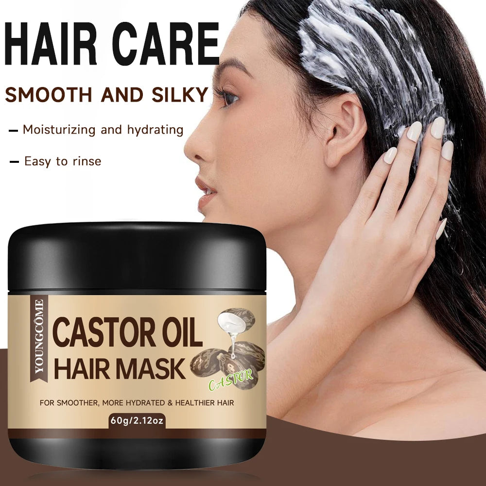 YOUNGCOME Castor Oil Hair Care Set: 3.38oz Shampoo, 3.38oz Shower Gel, 2.03oz Essential Oil, 2.12oz Hair Mask for Hair