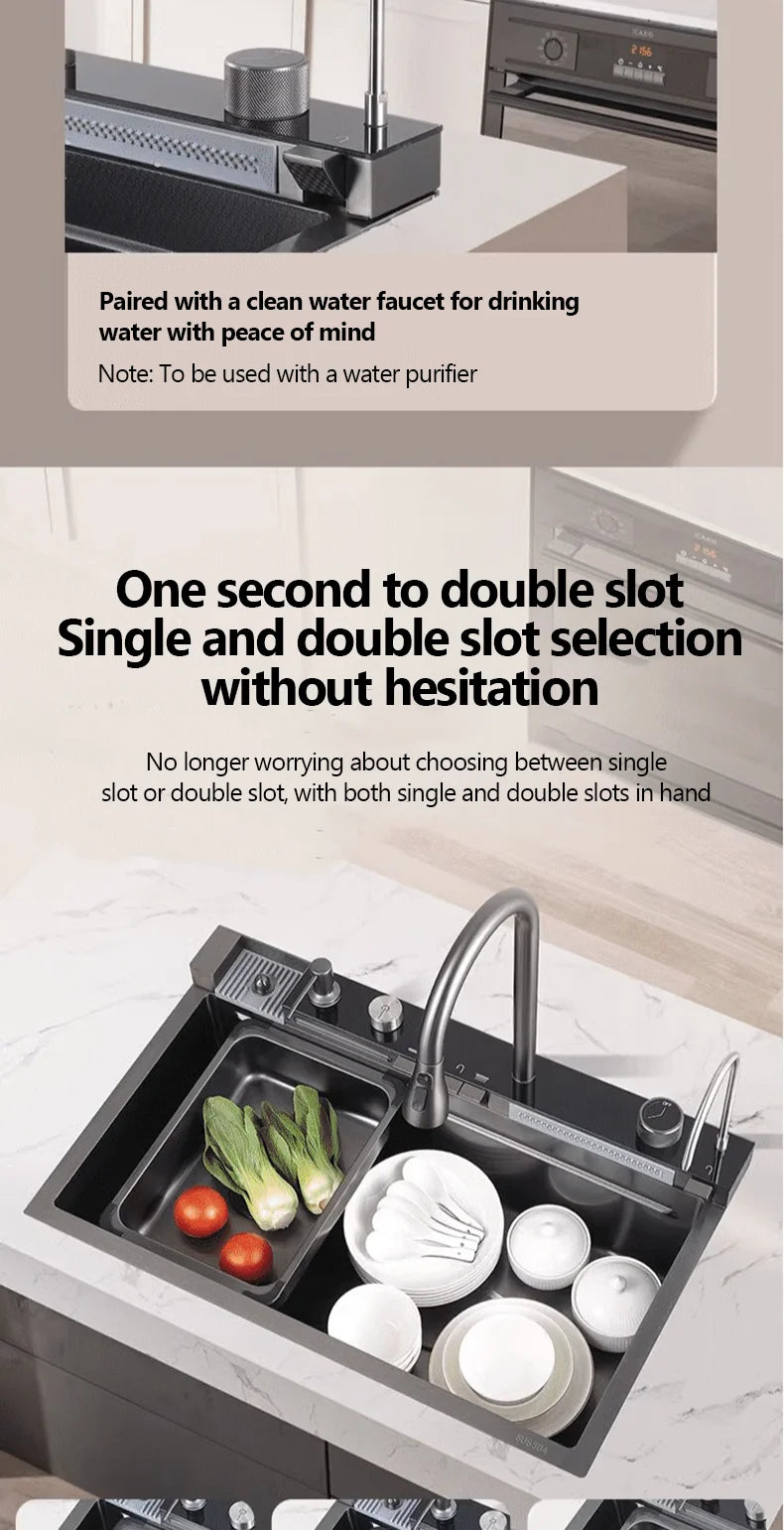 304 Sink Key Digital Display Waterfall Rain Sink Stainless Steel Large Single Trough Hand Basin Washing Dishes Under The Basin