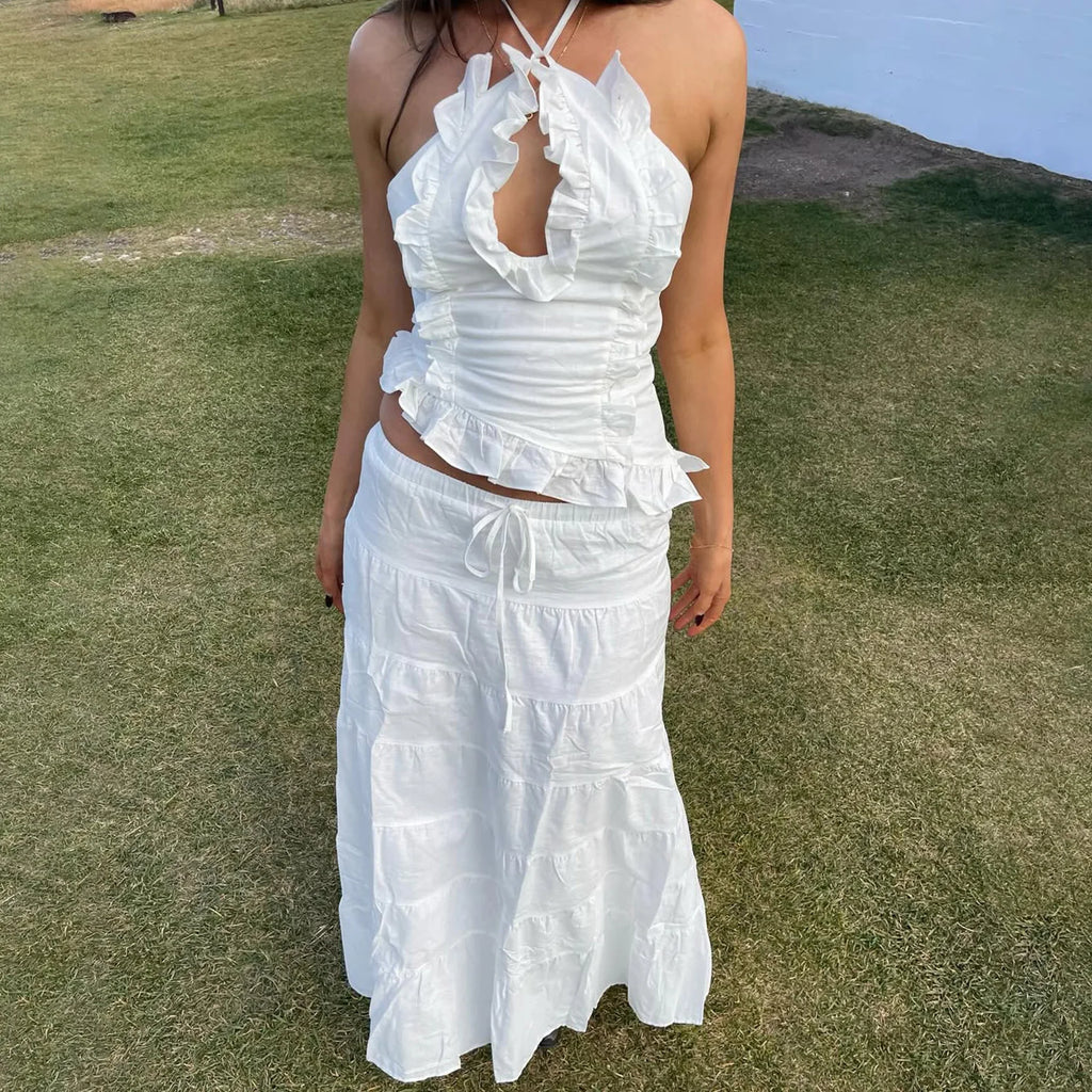 Women Summer Boho 2 Piece Maxi Skirt Sets Y2k Sexy Halter Ruched Cami Tops Tiered Flowy Ruffle Skirts Holiday Beach Outfits