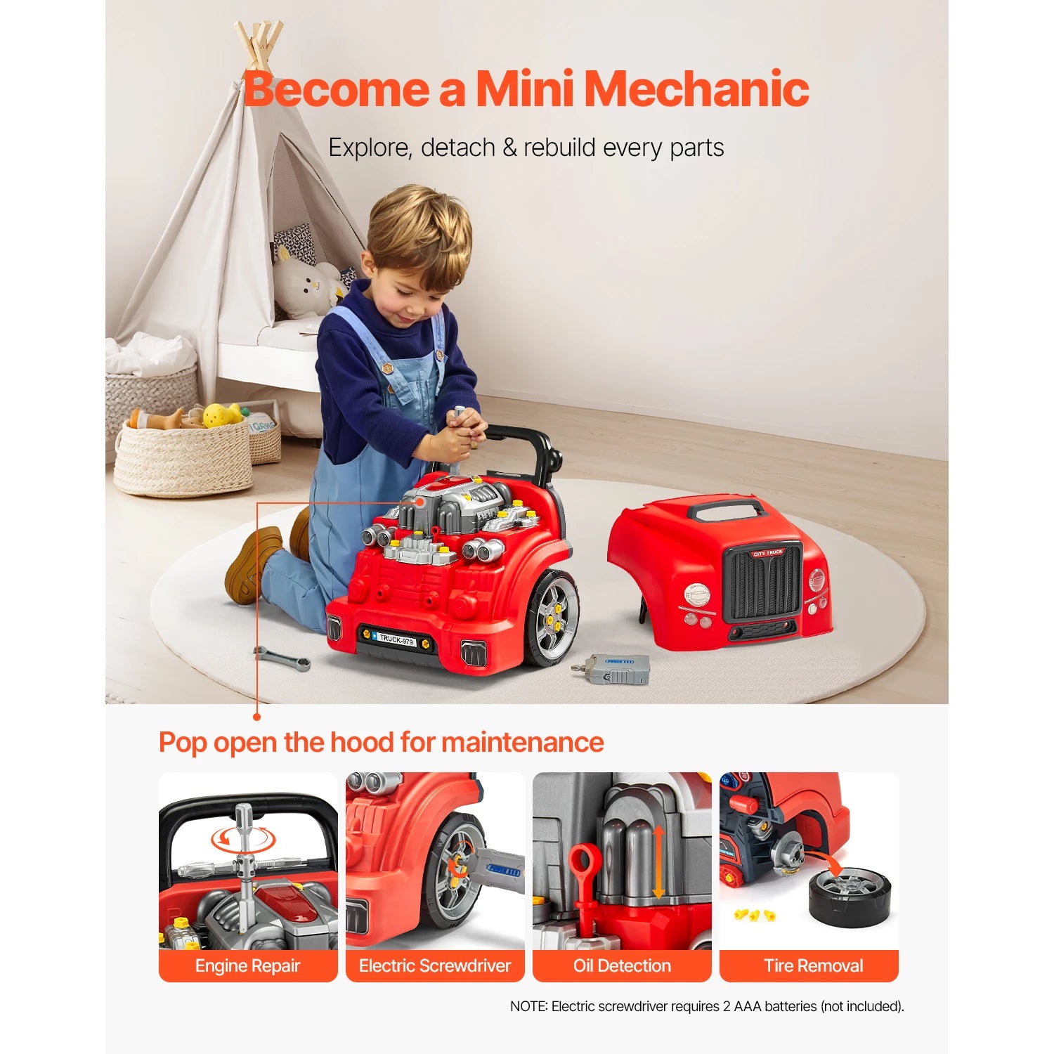 SucceBuy 60 Pcs Kids Mechanic Car Repair Set with Removable Parts & Horn Workshop Set Engine Toy for Toddler Children Gift