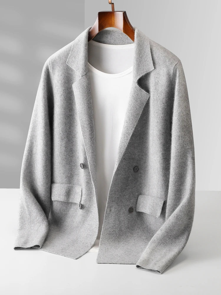 100% Merino Wool Sweater Men's Suit Collar Cardigan Smart Casual Knitwear Autumn Winter Cashmere Solid Coat Pockets Clothing Top