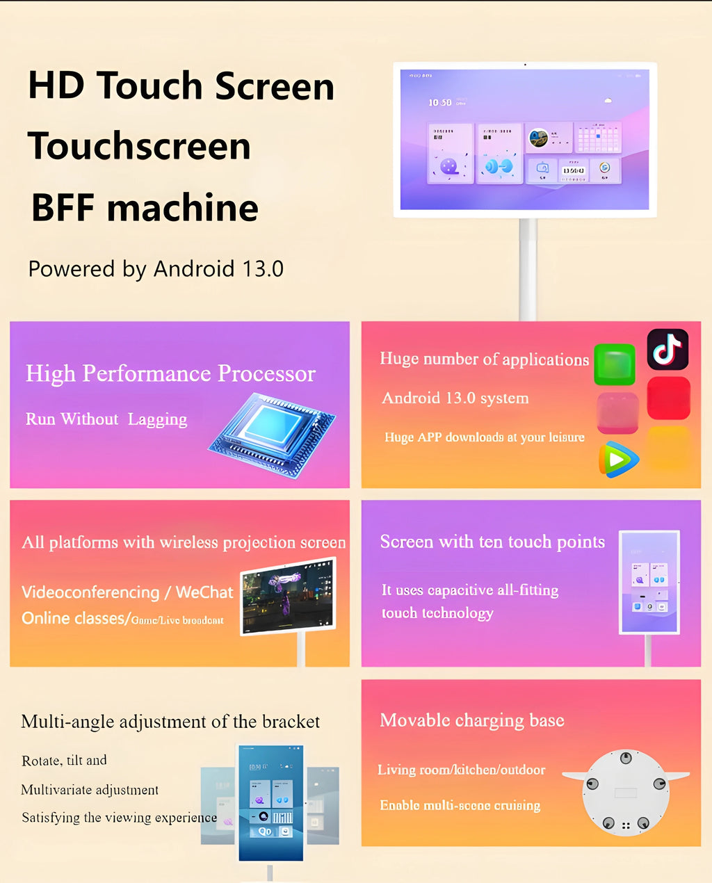 Indoor Interactive Android 12-Standard TV Portable Smart Display LCD Touchscreen