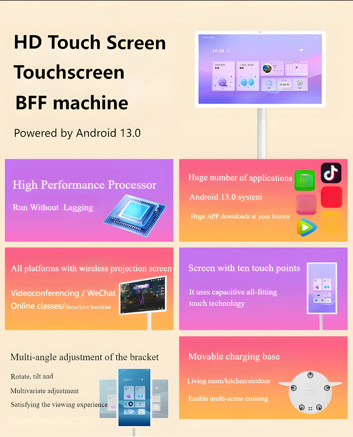 Indoor Interactive Android 12-Standard TV Portable Smart Display LCD Touchscreen