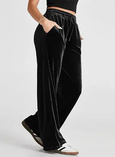 Women's High Waist Velvet Wide Leg Pants Drawstring Elastic Waist Loose Casual Trousers Autumn Winter Solid Color Long Pants B
