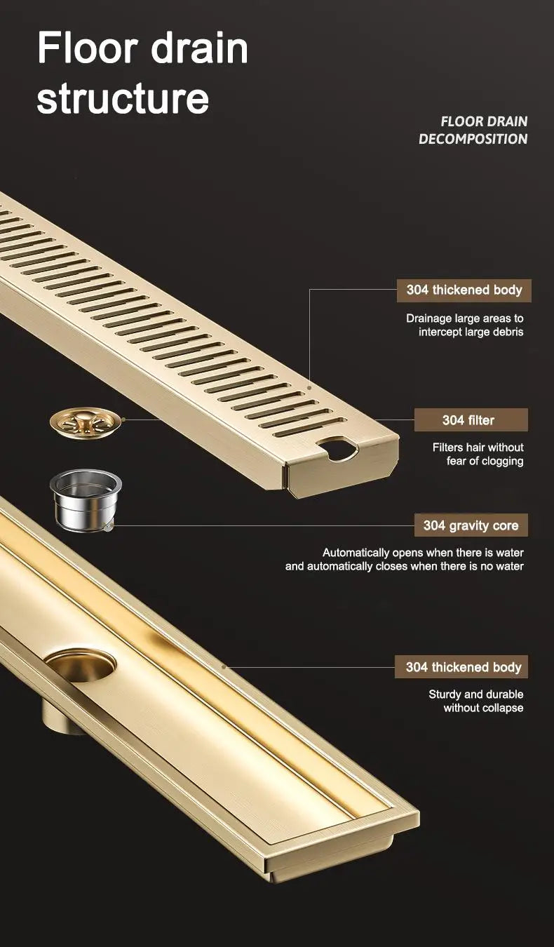 20/30/40/50/60cm Stainless Steel Shower Floor Drain Bathroom Rectangle Linear Floor Drainage Floor Drain with Strainer Covern