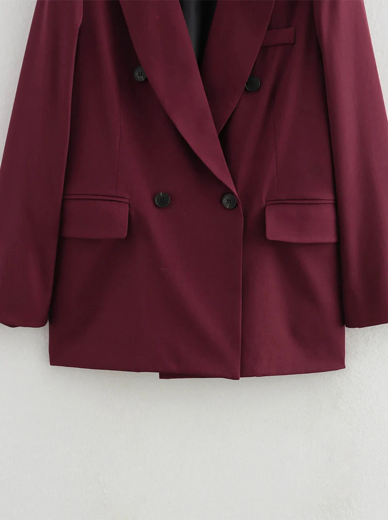 New Burgundy Blazer Women Autumn Winter Vintage Double Breasted Suit Jacket for Woman Fashion Streetwear Classic Blazers Coat