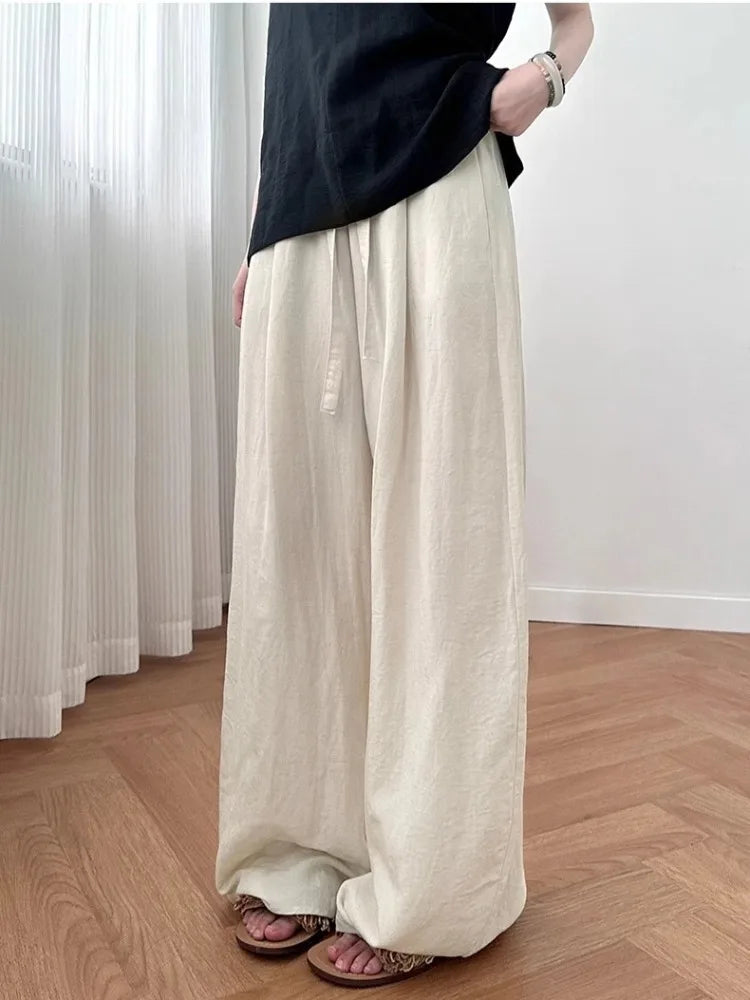 Loose Casual Cotton Linen Trousers Women Full Length Drawstring Women's Wide-leg Pants Summer Thin Linen Navy Blue Baggy Pants