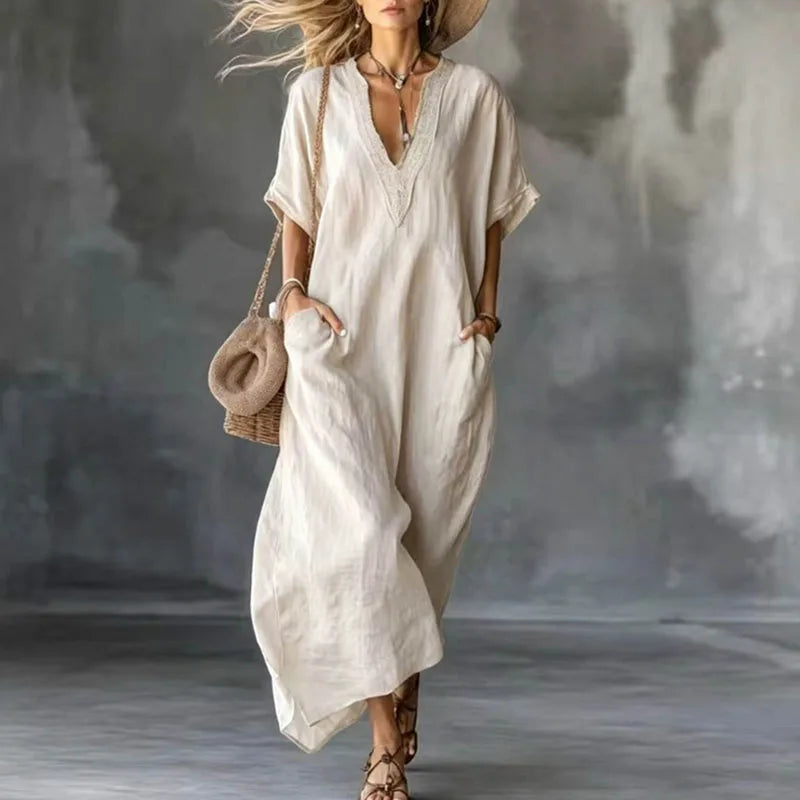 Bohemian Retro Solid Kaftan Dress Women V-Neck Lace Trim Loose Maxi Party Dress Summer Short Sleeve Casual Beach Holiday Dresses