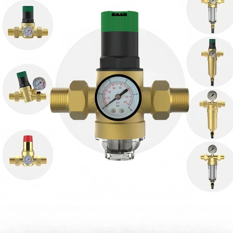 Brass Water Pressure Reducer Valve with Gauge Filter, Double Union Thread Water Stabilizer for Domestic Plumbing Pipeline
