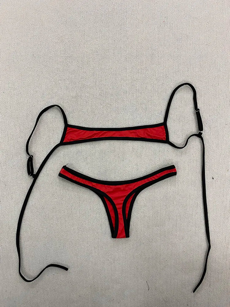 Retro Shoulder Strap Adjustable Backless Simple Summer Split Bikini Y2K Aesthetic Sexy Spice Girl Beach Contrast Color Swimsuit