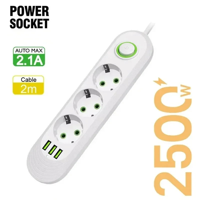 EU Plug AC Outlet 2500W Multiports Power Strip AC Outlet with 3USB Port 2m Extension Cable Round Pin Electrical Charger Adapter