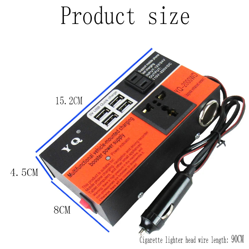 New Car Inverter Car Power Inverter 2000W  DC 12V/24V To DC 110V/220V Converter Trip 4 USB Overload Protection