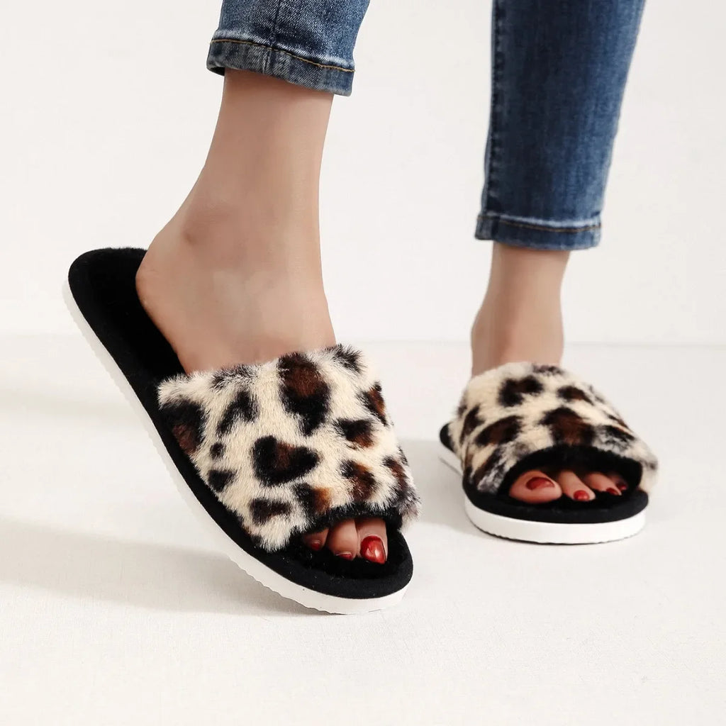Fashion Women Leopard Print Fuzzy Plush Slippers Home Slides Soft Sole Non Slip Warm Cozy Indoor Casual House Ladies Footwear