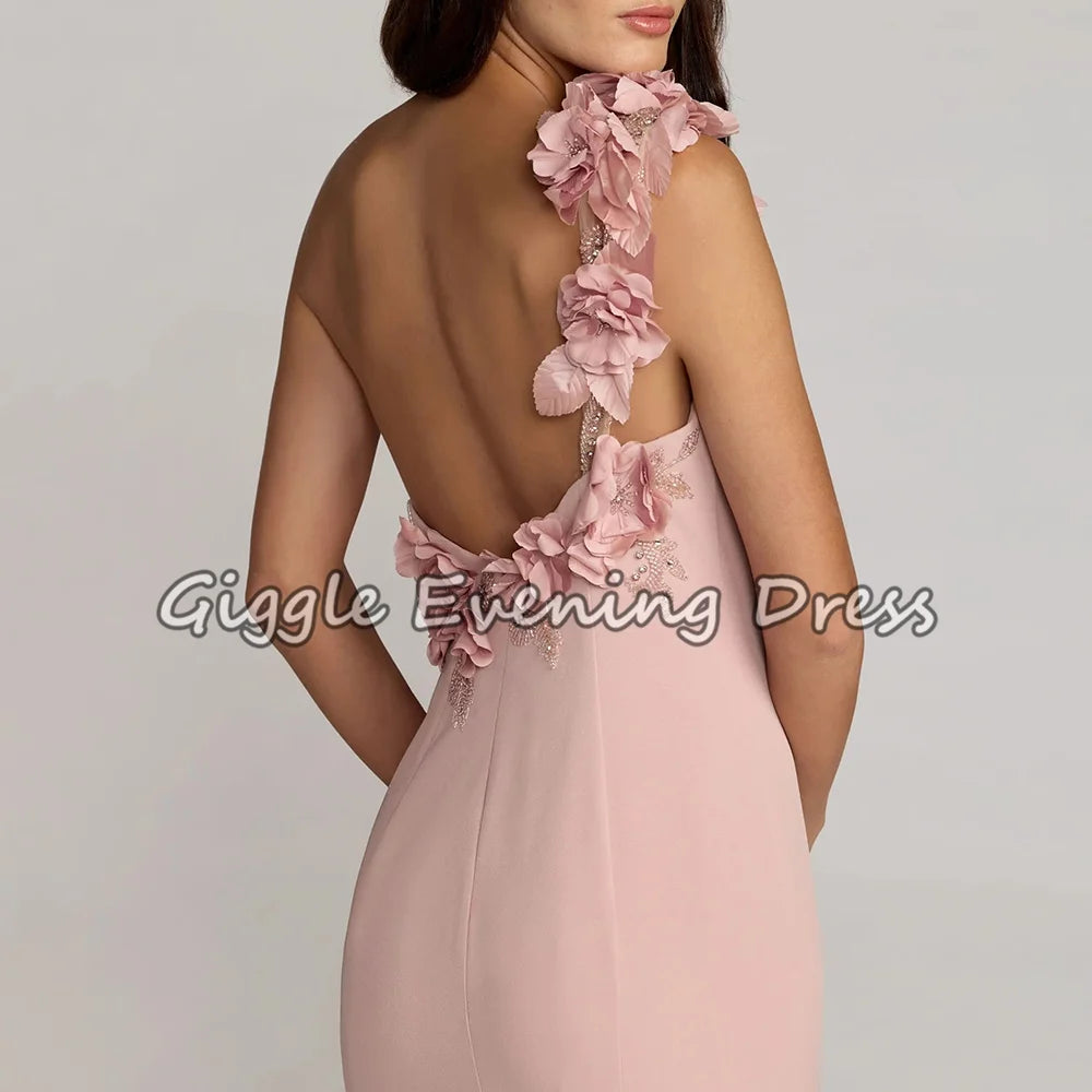 Elegant Women's Formal Evening Dresses Exquisite Beading Handmade Flowers One-Shoulder Mermaid Crepe Long Prom Party Gowns