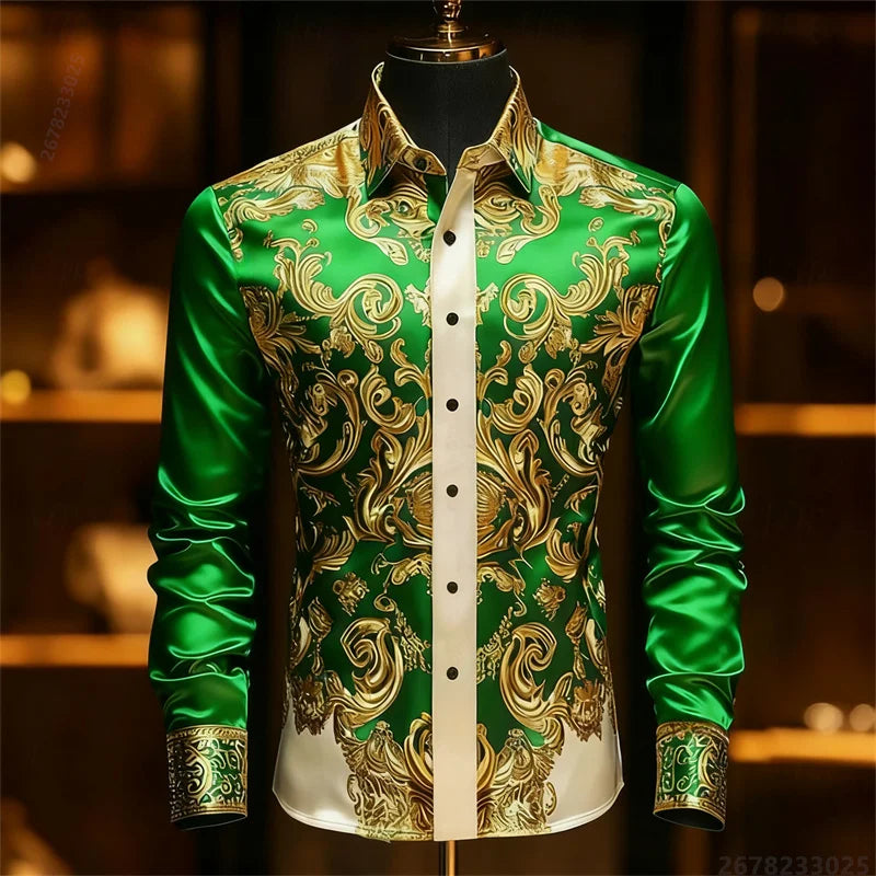 Luxury 3D Printed Long-Sleeve Men's Shirt, Baroque Gold Pattern Slim Fit Dress Shirt, Business Banquet Men's Shirt, Sizes XS-6XL