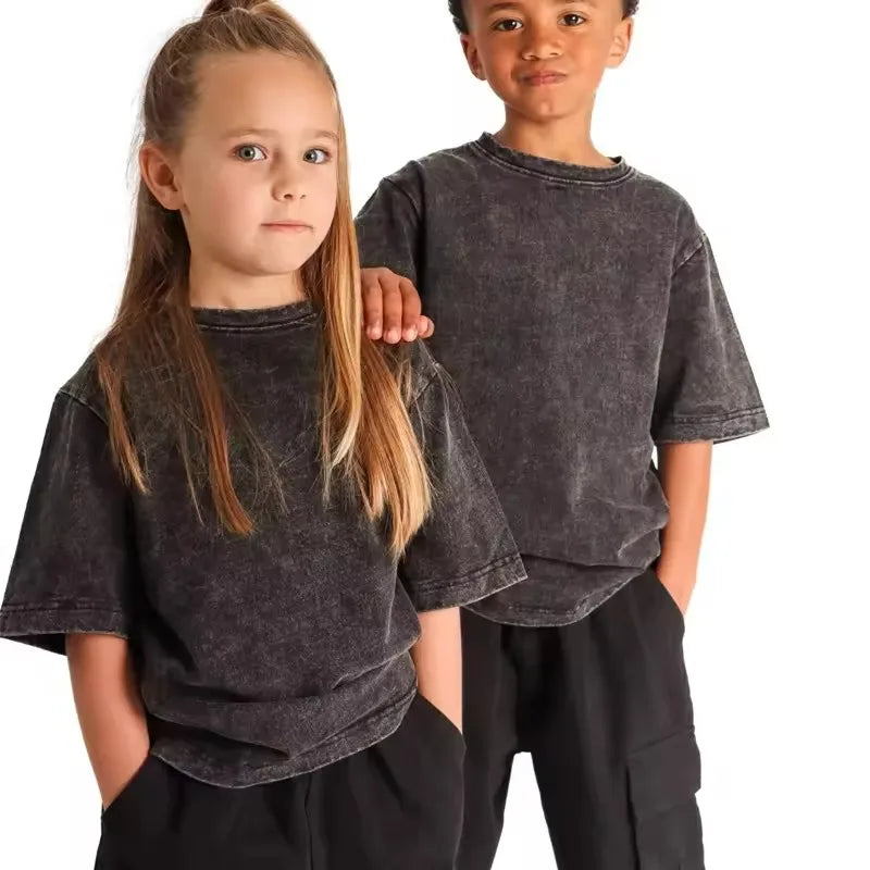 Top quality Soft Children Clothing Unisex Boy Girl Family Short Sleeve Tee Fashion Kids Baby Acid Wash T Shirt Vintage  Blank