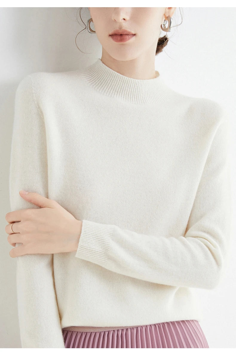 First-Line Seamless Women's Half-Turtleneck 100% Pure Wool Sweater Solid Color Long Sleeve Pullover Knitted Bottoming Sweater