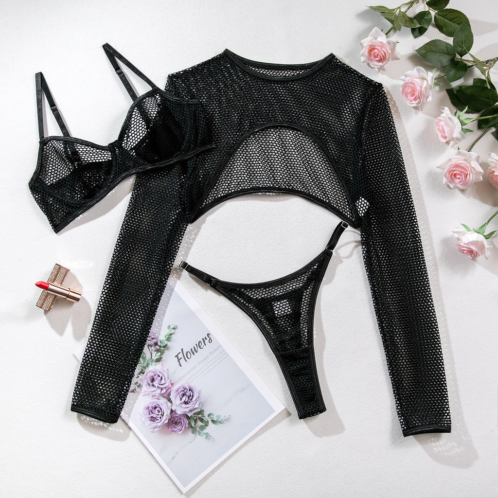 Brskbzda Sensual Fishnet Lingerie Cover-up Top Long Sleeved Lace See Through Sexy Outfit Tulle Underwear Cut Out Exotic Sets