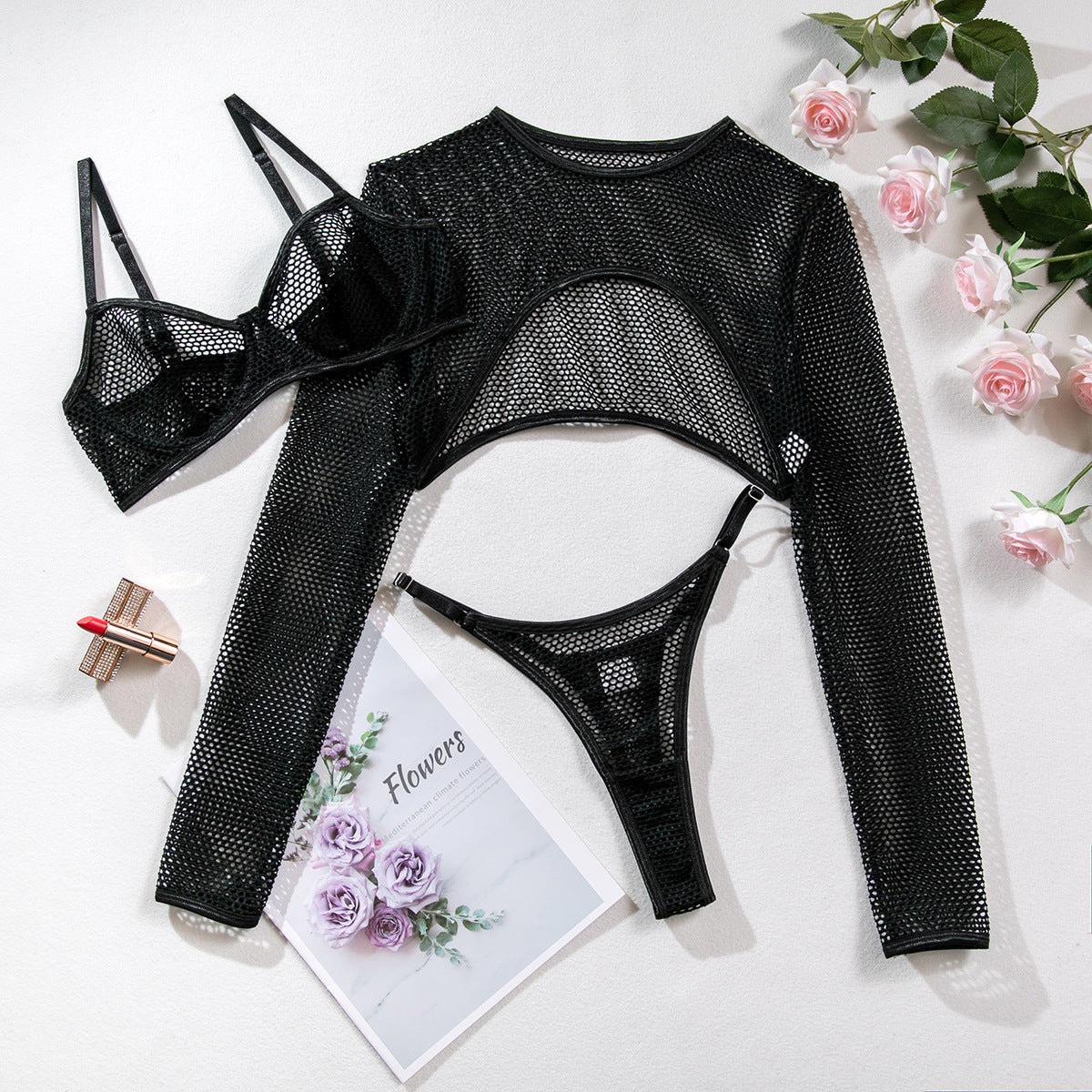 Brskbzda Sensual Fishnet Lingerie Cover-up Top Long Sleeved Lace See Through Sexy Outfit Tulle Underwear Cut Out Exotic Sets