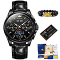 OUPINKE Top Men's Automatic Mechanical Wrist Watch Leather Strap Luxury Business Multi functional Lunar Phase Dial Reloj Hombre