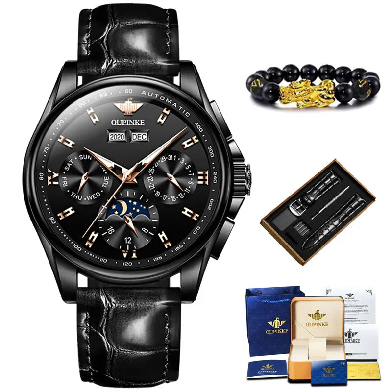 OUPINKE Top Men's Automatic Mechanical Wrist Watch Leather Strap Luxury Business Multi functional Lunar Phase Dial Reloj Hombre