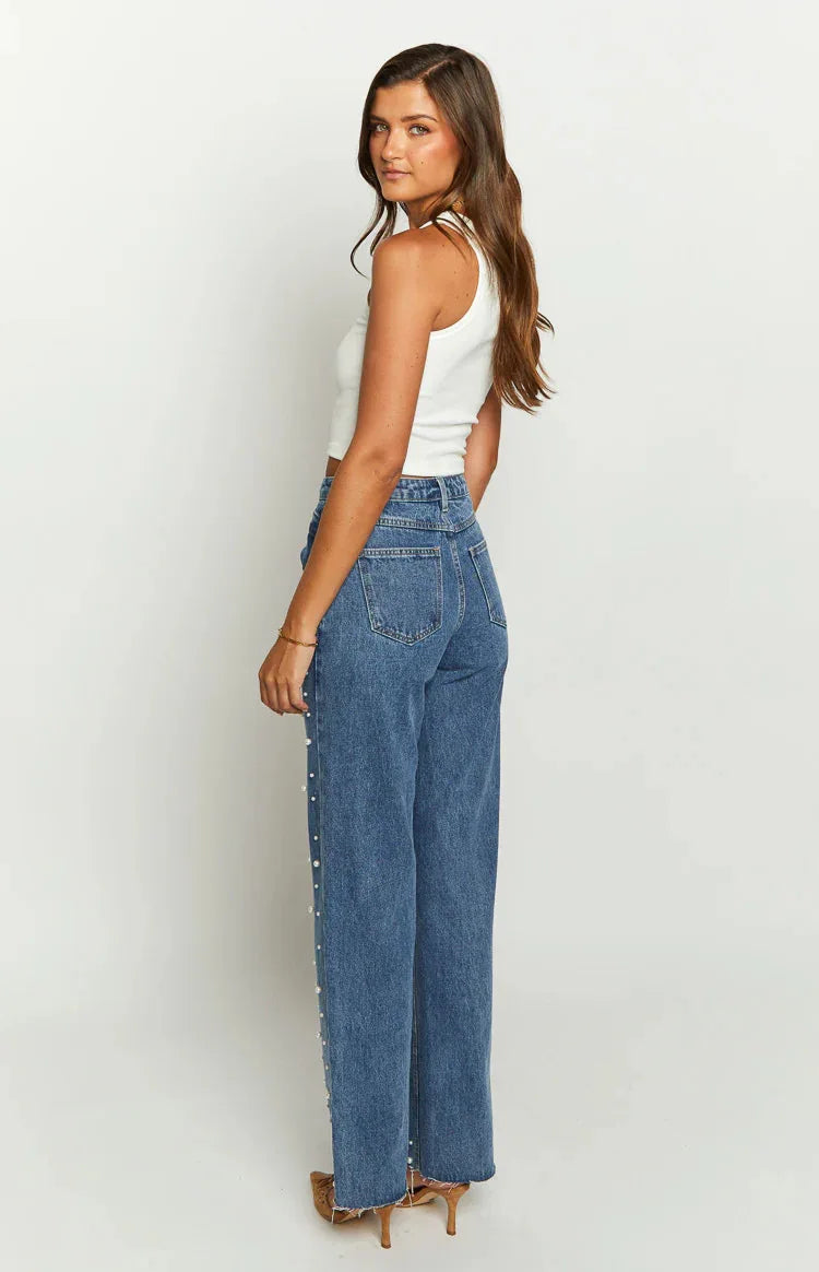 Fashionable Casual Rhinestone Frayed Straight Leg Jeans Women's Long Pants Cotton Natural Waist Comfortable Fit Spring Season