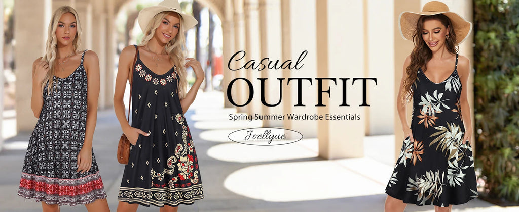 Women's Summer Vacation Tropical Floral Print Round-Neck Spaghetti-Strap Dress Stylish Spaghetti-Strap Dress with Pockets