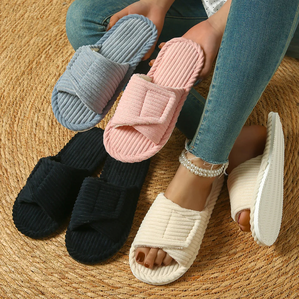 Winter Women's Corduroy Orthopedic Slippers with Arch Support Velcro Adjustable Open Toe Shoes Cotton Home Flat Slides