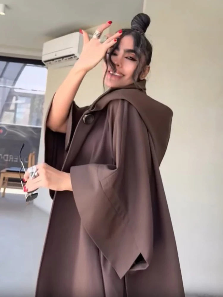 Fashion Solid Cape‑style Long Overcoat Women Oversize Hooded Self‑tie‑belt Wide 3/4 Sleeve Trench Coat New Fall Female Outerwear