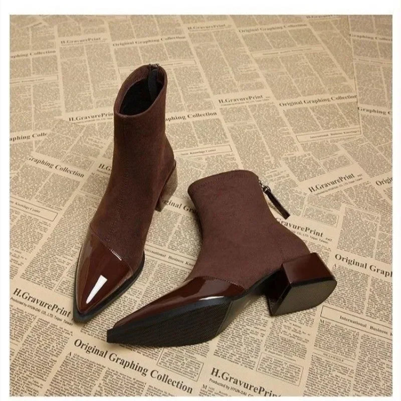 Women's 2026 New Autumn and Winter Fashion Retro Pointed Ankle Boots  French Temperament High Heels and Zipper Short Boots