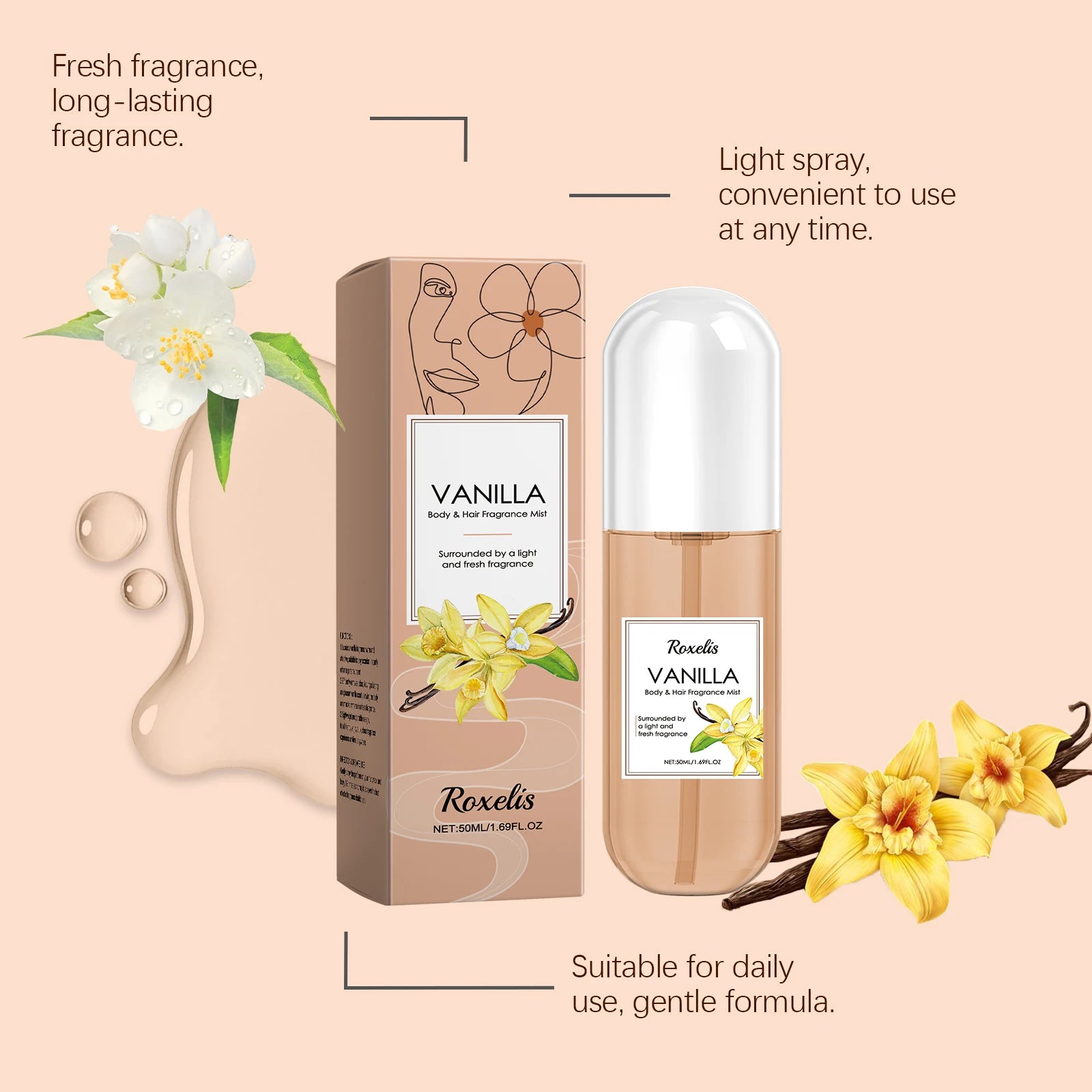 Vanilla Scented Body Fragrance Spray, Naturally Fresh Light Scent, Long-Lasting Daily Body and Hair Perfume Spray