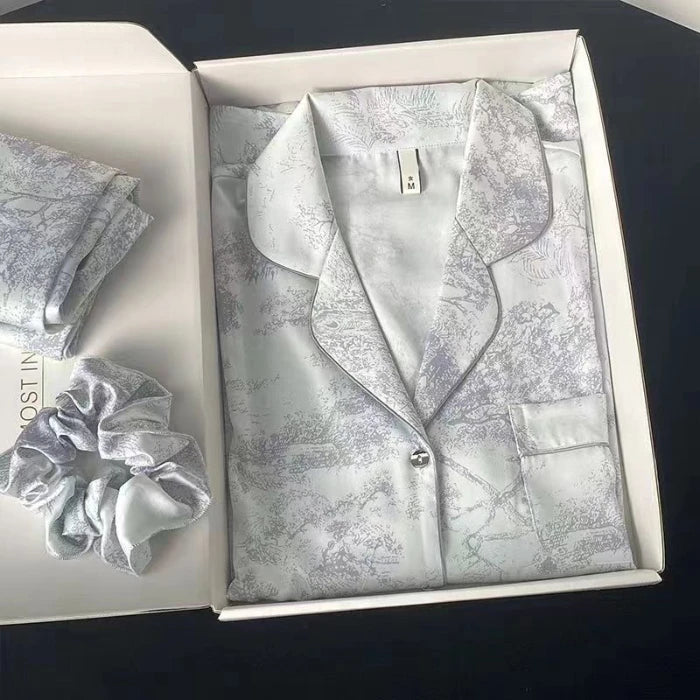 2024 New Ice Silk 2 Pieces Pajamas for Women Autumn Spring Women's Pajamas Set Elegant Ptinting Flower Home Wear Soft Sleepwear