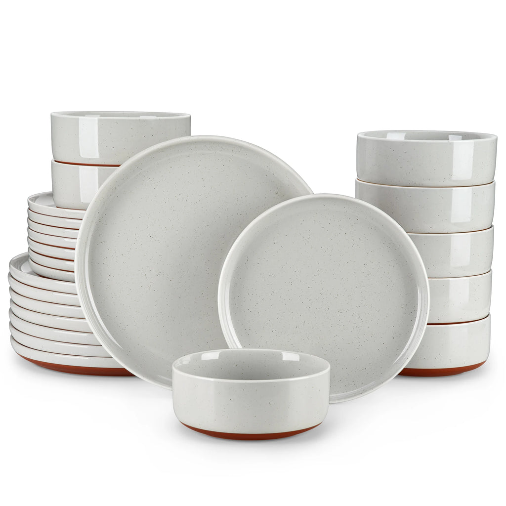 MALACASA TARA 12/24 Pcs Dinnerware Set Curved Edge Sesame Glaze Stoneware Plates Set With 4/6pcs Dinner Plate/Dessert/Bowl