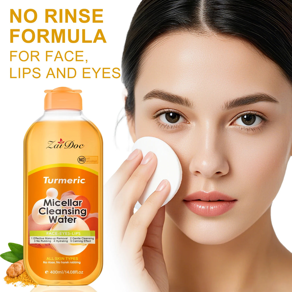 ZaiDoc Turmeric/Cherry Blossom Micellar Cleansing Water Makeup Remover No Rinse No Rubbing All Skin Types Face Eyes Lips 400ml Each
