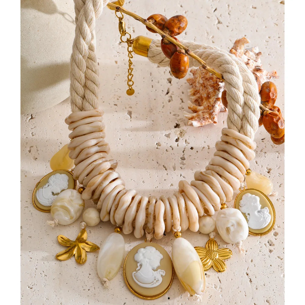 Yhpup 2026 Handmade Jewelry Rope Braided Resin Chain Portrait Flower Drop Charm Statement Necklace Exclusive Accessories