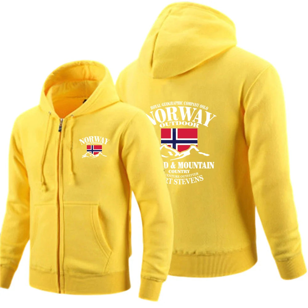 2025 New Spring And Autumn Norway Flag Fjord Mountain Men's Solid Color Zipper Pullover Warm Long-sleeved Comfortable Caot