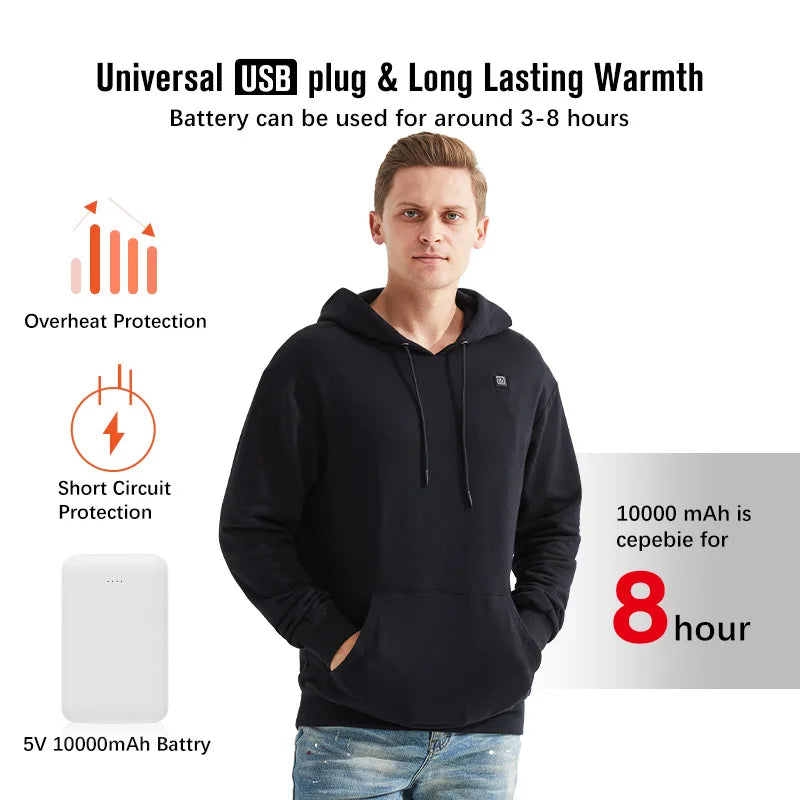 Men's Winter Warm Heated Hoodie 2026 Outdoor Electric USB Charging Heat Jacket Outdoor Sportswear Electric Heated Clothes