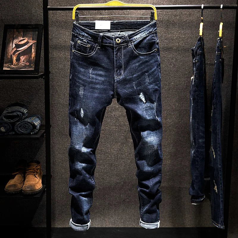 Elastic Fashion Jeans Men Ripped Vintage Slim Denim Pants Hip Hop Distressed Frayed Fashion Men's Clothing Pants