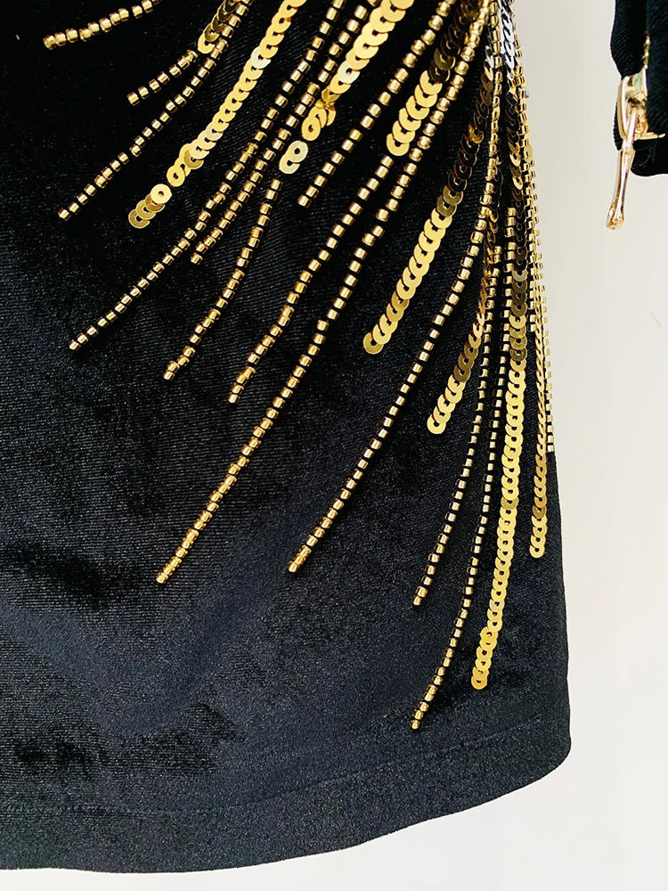 HIGH STREET Newest 2026 Designer Fashion Women's Long Sleeve Stunning Sequined Rhinestone Diamonds Beaded Velvet Dress