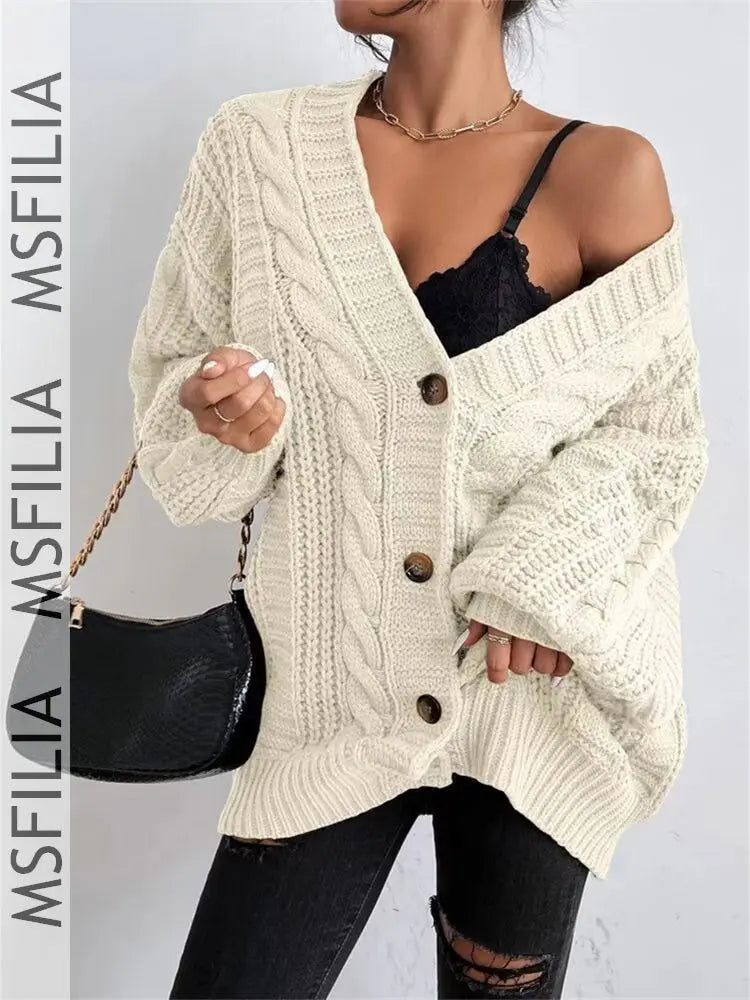 Msfilia Women's Fall/Winter Solid Color Cable Knit V-Neck Cardigan, Balloon Sleeve Loose Single Breasted Sweater Coat