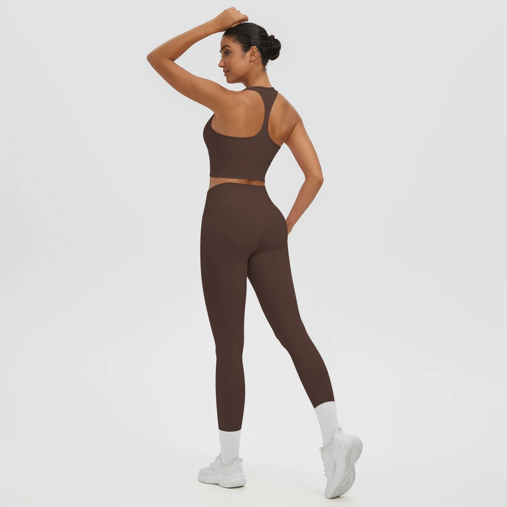 2PCS/set Gym Sports Yoga Suit for Women's Solid Color High Stretch Quick Drying Legging Yoga Pants Gather I-shaped Vest Yoga Set