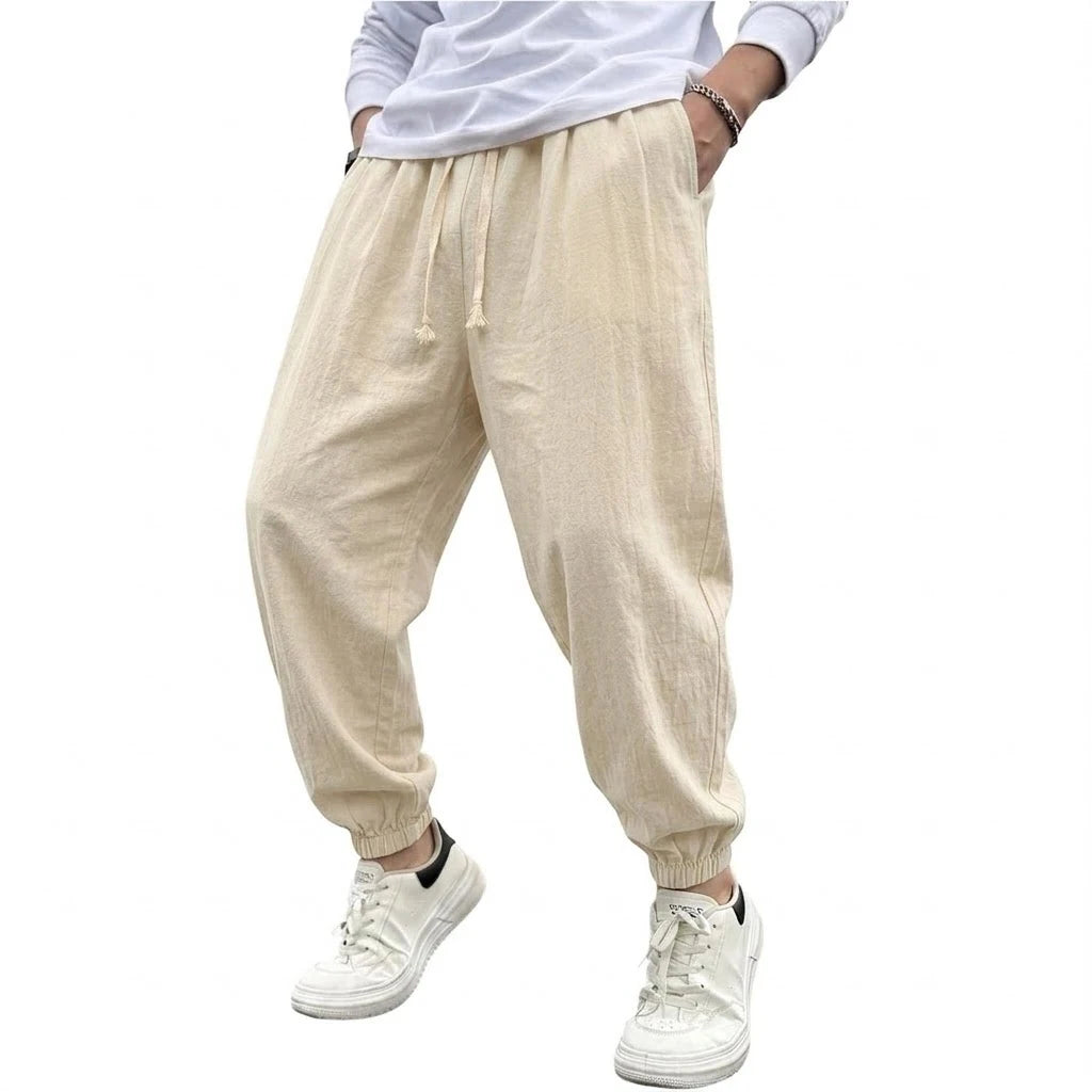 Mens Cotton Harem Pants Solid Casual Jogger Trousers Breathable Loose Fit Bottoms for Yoga Hiking Gym Sports and Daily Work Wear