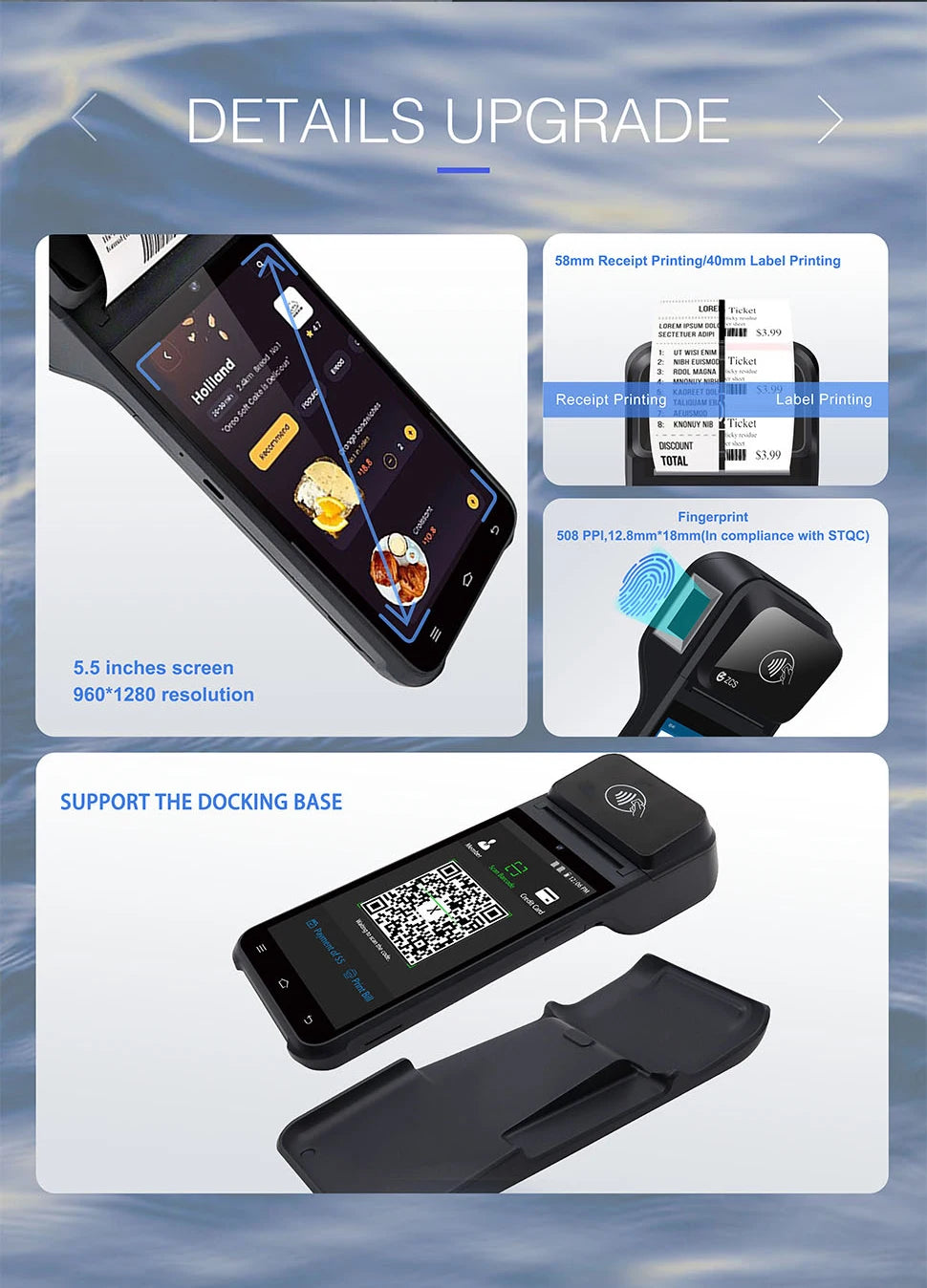 Mobile POS Terminal Android 13.0 Octa-core 2.3GHz 3GB RAM 32GB SSD Wi-Fi Bluetooth USB Thermal Printer Handheld Mobile POS